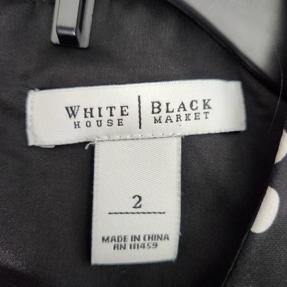 White House Black Market Polka Dot Dress Size 2 Belted Silk Black White Flounce - Picture 9 of 10